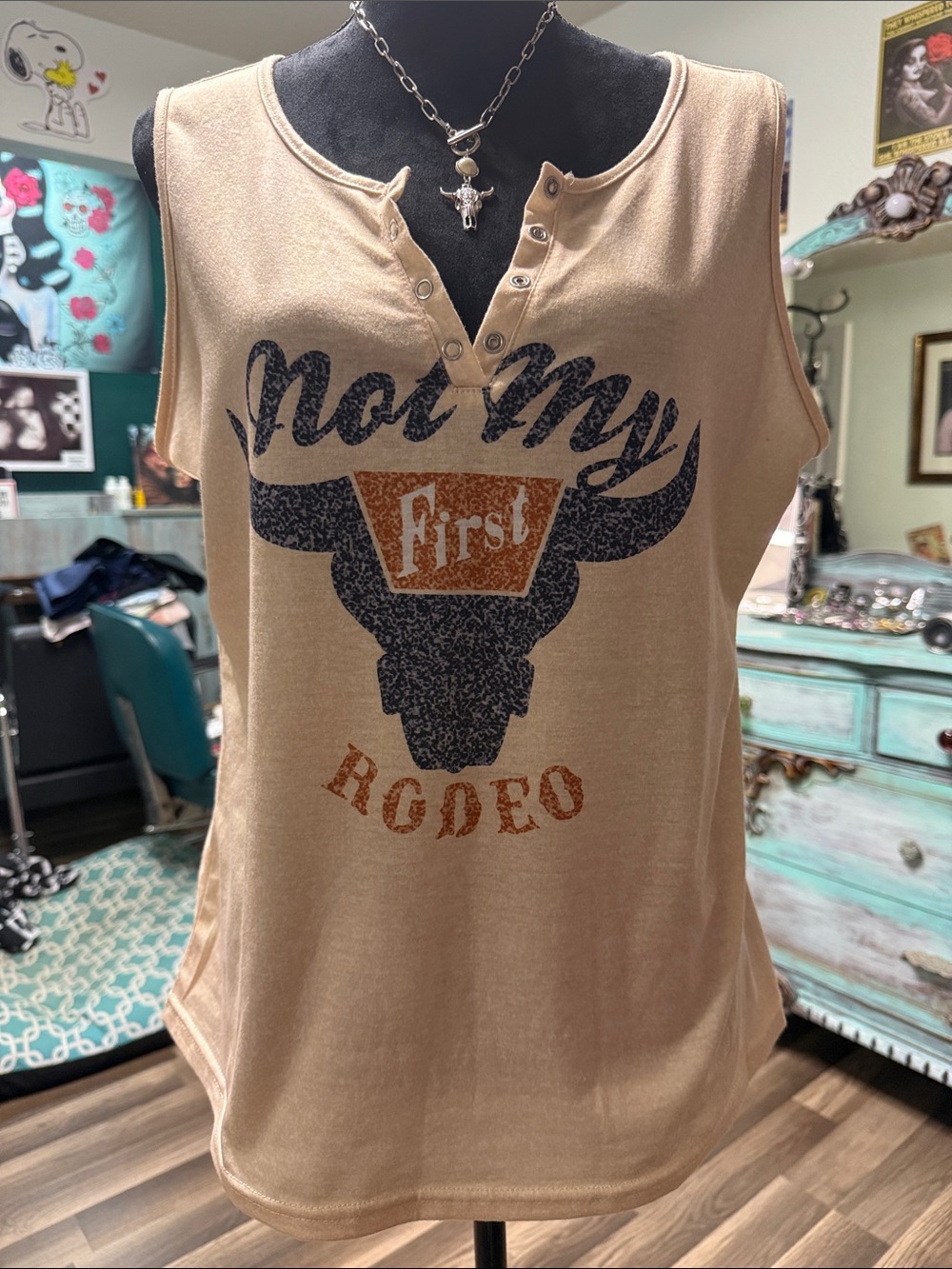 Sleeveless Tan Graphic Tank Top - 'Not My First Rodeo'